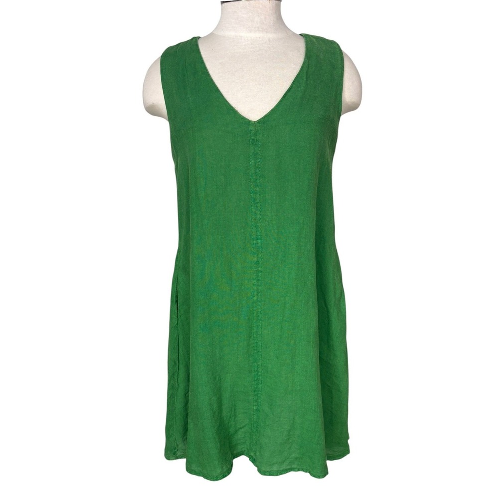 Karol Basic Green Linen V Neck Sleeveless Shift Dress Lagenlook Tunic Minimalist